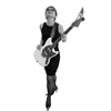 Photo of Sister Dorothy in black dress, standing, with electric guitar