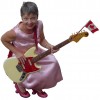 Photo of Sister Dorothy, in pink dress, crouching with electric guitar